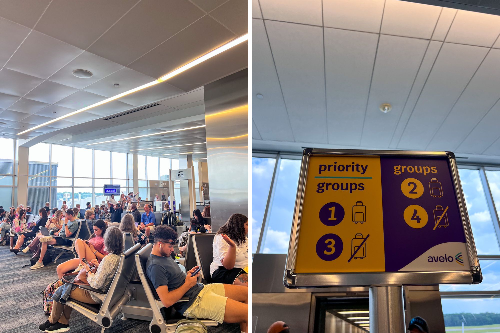 Flying Avelo for the First Time? 13 Insider Tips You Need to Know Before You Book Two images: a crowd of people waiting at the gate and the boarding groups sign