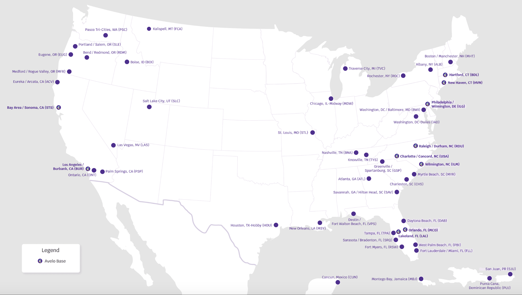 Flying Avelo for the First Time? 13 Insider Tips You Need to Know Before You Book A screenshot of Avelo's route map as of December 2024